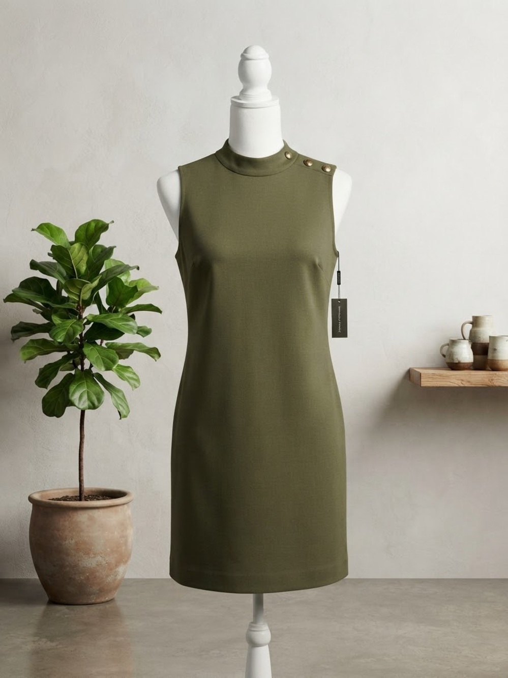 Banana Republic Olive Green Sleeveless Shift Dress with Gold Shoulder Buttons